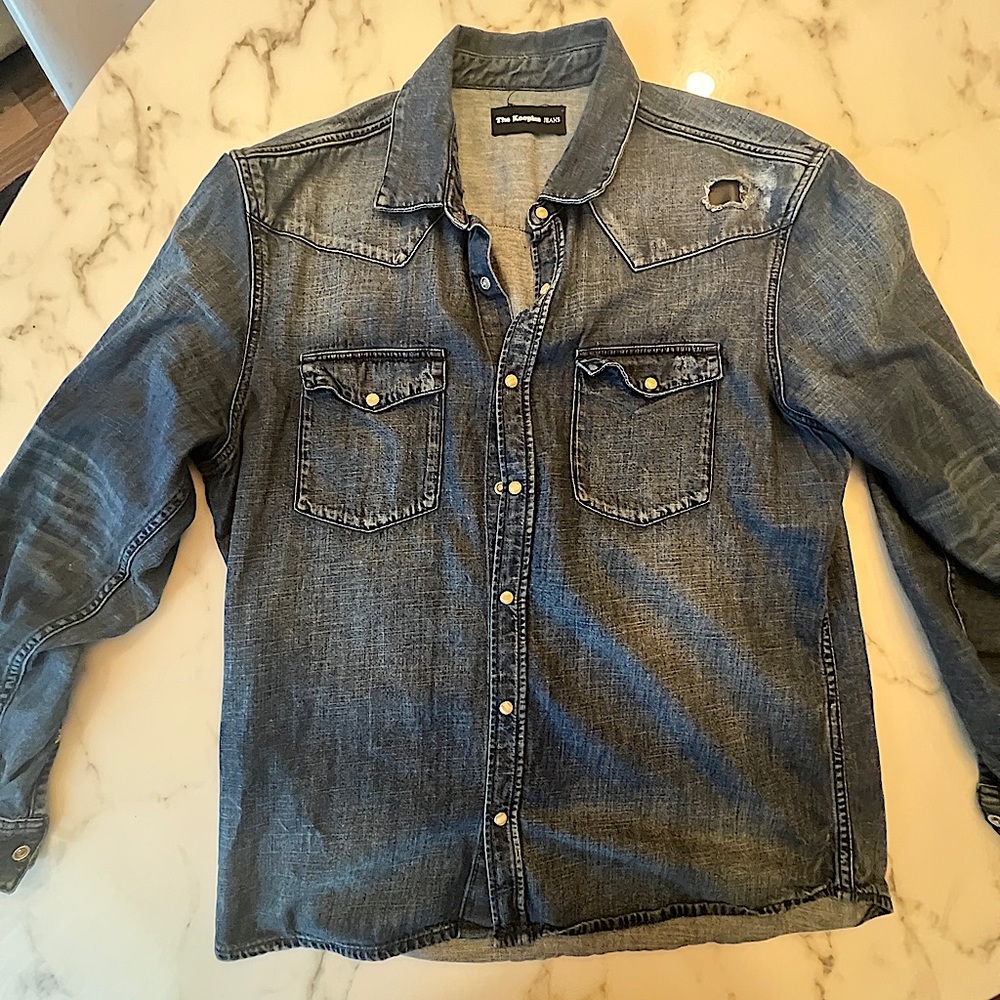 The Kooples Dark Denim shirt with leather accents